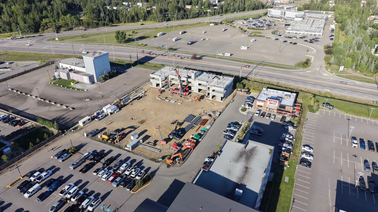 Wide aerial view of RECPLACE Professional Centre after the third floor was installed